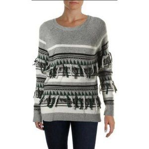 The Lane Fairisle Women’s Fringe Pullover Crew Neck Sweater Small Gray GPX9566